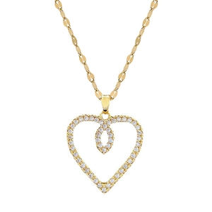 Exaggerated golden heart necklace with pavé zircon accents on a flat link chain