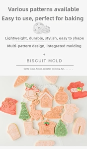 Detailed Christmas themed cookie cutter set showing finished cookies in festive shapes
