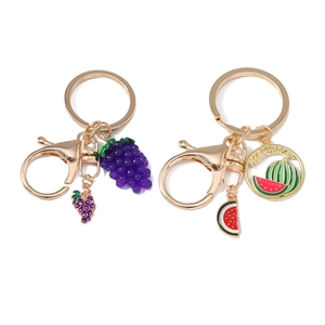 Creative realistic watermelon and grape fruit keychains with golden metal rings