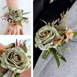 Elegant Morandi green artificial rose boutonniere and wrist corsage set for weddings