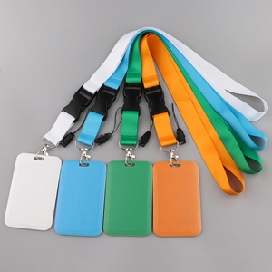 Colorful lanyards with card holders in white, blue, green, and orange with clips
