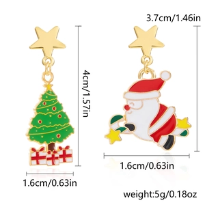 Detail view of asymmetric Christmas earrings showing size measurements and enamel finish