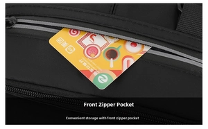 Close-up of front zipper pocket on black business messenger bag holding a credit card