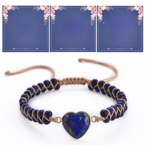Detail of blue lapis heart stone bracelet with adjustable cord and floral greeting cards