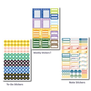 Macro view of colorful functional planner stickers for goals, to-do lists and spending habits