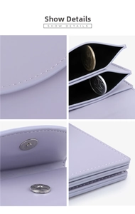 Detailed views of lilac leather card holder with fine stitching and magnetic snap