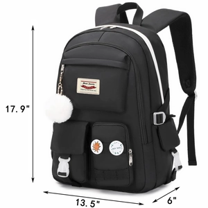 Detail view of black school backpack with size specs 17.9x13.5x6 inches and white charms
