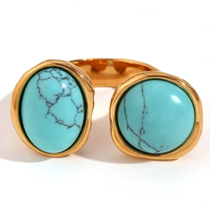 18K gold plated stainless steel open ring with round and oval turquoise stones