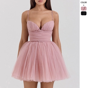 Women Mini Tulle Dress Ruched Cami Puffy Tutu Skirt Backless V Neck High Waist Evening Party Sleeveless Sexy Sweet