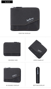 Detailed multi-angle views of a Baellerry black men's zip wallet with camo texture