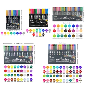 Detailed size specifications and color charts for dual-line metallic outline pen sets