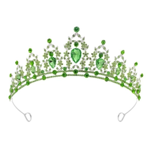 Silver bridal crown with emerald green teardrop crystals in symmetrical leaf design