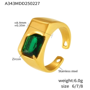 Detail view of gold stainless steel ring featuring 8.9mm green zircon setting