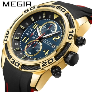 Megir sport chronograph quartz watch with gold case, blue dial and black silicone strap