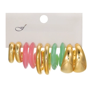 Set of 5 C-shape earrings featuring gold water drop hoops and colorful acrylic resin rings