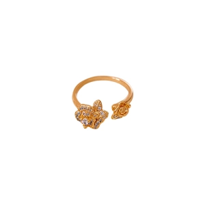 Bague ouverte vintage en or plaqué avec fleurs et zircons blancs pour femme