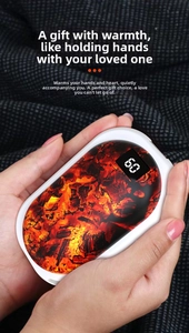 Detail of digital display hand warmer with glowing coal pattern and real-time temperature