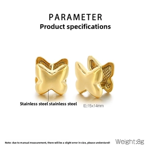 Detail view of 15x14mm gold butterfly earrings made of durable stainless steel