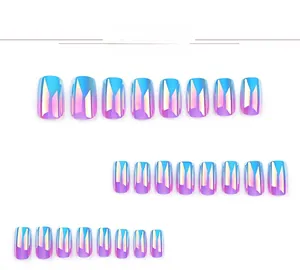 Detailed set of short square holographic nails in blue and purple gradient chrome finish