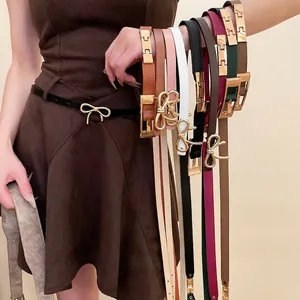 Women Skinny Belt Vintage Faux Leather Gold Bow Buckle Retro Fashionable Waist Strap For Dresses Elegant