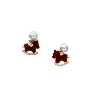 18k gold plated stud earrings featuring red flocked horse and pearl with crystals