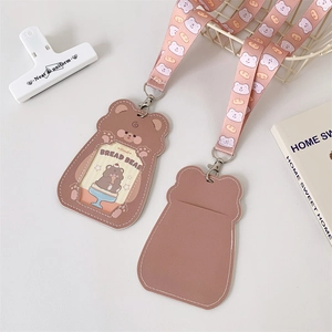 Cute brown bear PU leather card holder with printed lanyard on white background