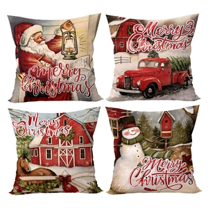 Set of four Christmas pillow covers with vintage red truck and snowman prints