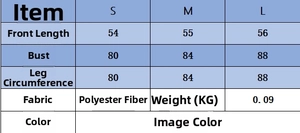 Size chart for knit camisole set showing measurements for S, M, L in polyester
