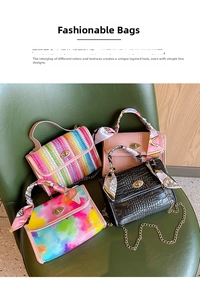 Detail of stylish mini bags featuring stone texture and colorful striped woven designs