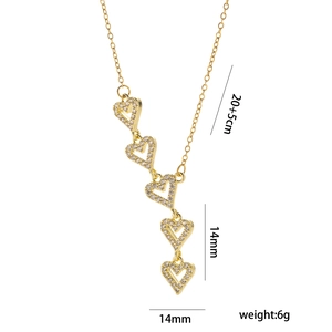 Gold plated titanium steel necklace with five sparkling paved crystal heart pendants