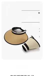 Foldable beige open top sun hat with wide brim showing both open and rolled storage modes