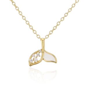 Macro view of fish tail necklace pendant with 18K gold finish and zircons