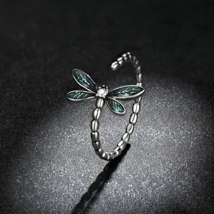 Exquisite S925 sterling silver dragonfly open ring with green enamel wings and zircon