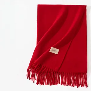 Solid Color Red Scarf Luxury Cashmere-Like Shawl With Fringed Tassels Minimalist Woven Polyester Scarf For Wedding Party Celebration Women Accessories