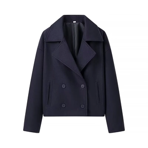 Short double-breasted navy wool jacket for women with lapel collar and four buttons