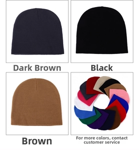 Detail of solid knit beanies in black, brown, and multicolor assortment display