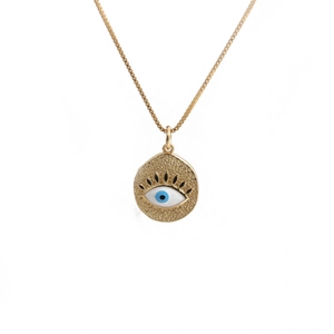 Collier en cuivre plaqué or avec pendentif œil maléfique en émail bleu et détails zircon