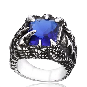 Vintage stainless steel dragon claw ring with square blue cubic zirconia stone
