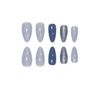 Chic long almond press-on nails set in grey-blue, dark denim blue and silver glitter