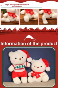 Detail of movable leg joints on white Christmas teddy bears with hats and scarves