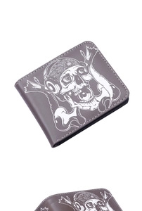 Detailed close-up of a men's bifold wallet with white skull print and grey-brown PU leather