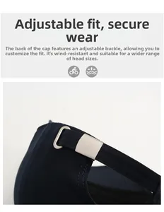 Detailed close-up of navy blue baseball cap with adjustable silver matte metal buckle