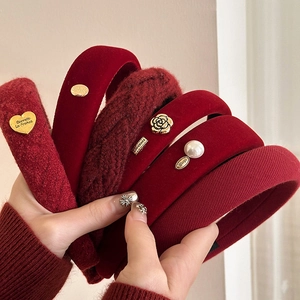 Rotes Gepolstertes Stirnband Damen Samt Strick Tweed Haarband Mit Künstliche Perle Metall Herz Deko Französischer Retro Stil