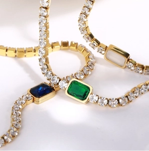 18K gold plated stainless steel tennis necklace featuring emerald green zircon pendants