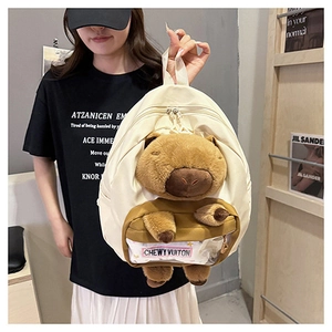 Detail of Capybara plush backpack featuring a 3D mascot and creative text on front