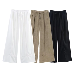 Linen high-waisted wide-leg trousers in white, khaki and black with drawstring waist