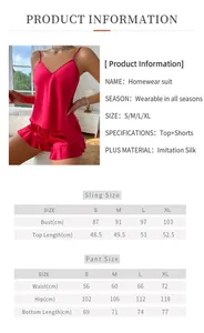 Detailed size chart for women's satin camisole and shorts sleepwear set with measurements