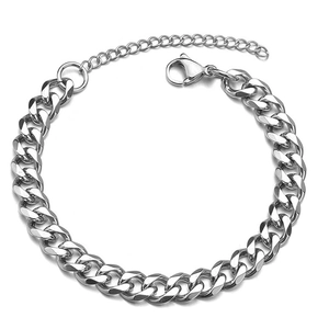Titanium steel silver Cuban link bracelet with square tag and lobster clasp detail