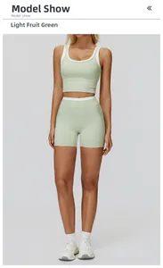 Detail view of light green ribbed yoga set with contrasting white waistband and U-neck