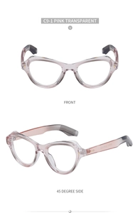 Vista frontale e laterale di montatura per occhiali cat eye in rosa trasparente da donna